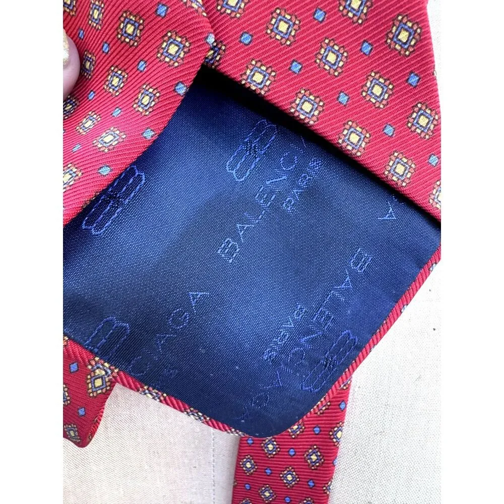 Balenciaga Red Geometric Yellow Blue Diamond 100% Silk Tie Made Italy 3.75